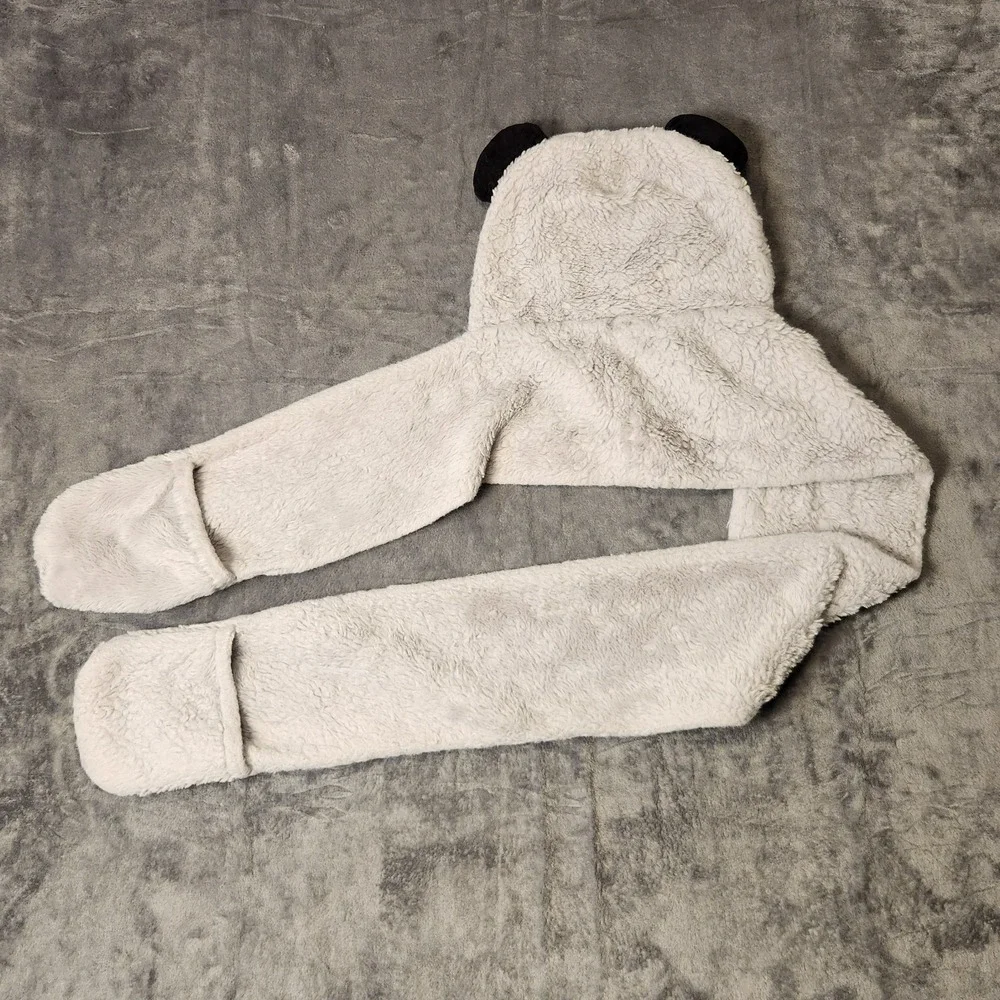 Toddler Kids Panda Winter Hat Scarf Mittens Set 3 in 1 Plush Fuzzy Hood Grey